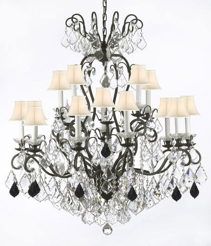 Swarovski Crystal Trimmed Chandelier Wrought Iron Crystal Chandelier Lighting Dressed with Jet Black Crystals W38" H44" - Great for the Dining Room, Foyer, Entry Way, Living Room w/White Shades - A500-B97/WHITESHADES/556/16SW