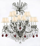 Swarovski Crystal Trimmed Chandelier Wrought Iron Crystal Chandelier Lighting Dressed with Ruby Red Crystals W38" H44" - Great for the Dining Room, Foyer, Entry Way, Living Room w/White Shades - A500-B98/WHITESHADES/556/16SW