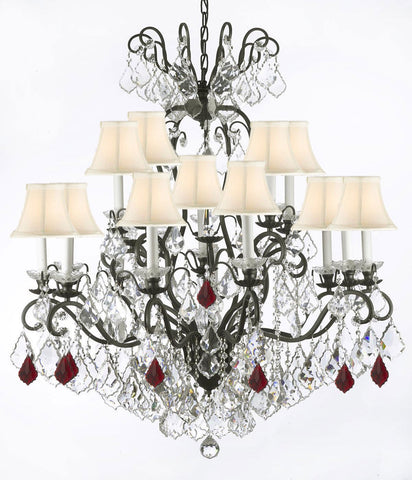 Wrought Iron Crystal Chandelier Lighting Dressed with Ruby Red Crystals W38" H44" - Great for the Dining Room, Foyer, Entry Way, Living Room w/White Shades - A500-B98/556/16/WHITESHADES