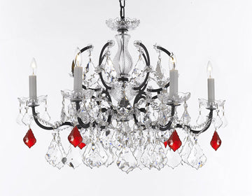 Swarovski Crystal Trimmed Chandelier 19th C. Baroque Iron & Crystal Chandelier Lighting- Dressed with Ruby Red Crystals Great for Kitchens, Bathrooms, Closets, and Dining Rooms H 19" x W 26" - G83-B98/994/6SW