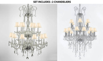 Set of 2 - 1 Crystal Chandelier Lighting With White Shades 38ht X 28wd And 1 4FT Crystal Chandelier Lighting With White Shades 48hx28w Murano - 1EA-26/18 + 1EA-B12/26/18-WHITESHADES