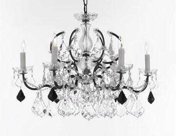 Swarovski Crystal Trimmed Chandelier 19th C. Baroque Iron & Crystal Chandelier Lighting- Dressed with Jet Black Crystals Great for Kitchens, Bathrooms, Closets, and Dining Rooms H 19" x W 26" - G83-B97/994/6SW