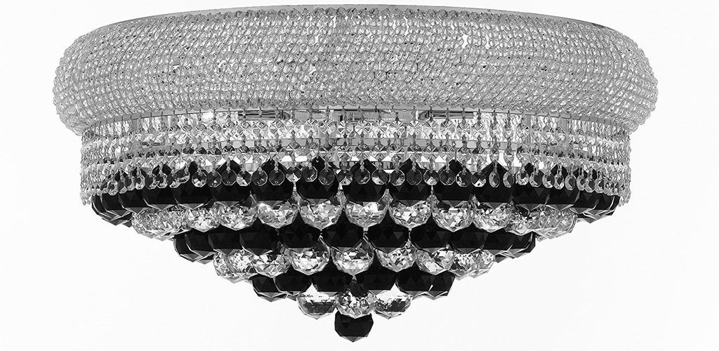 French Empire Flush Crystal Chandeliers H15" X W24" Dressed with Jet Black Crystal Balls - Good for Dining Room, Foyer, Entryway, Family Room and More - A500-B95/FLUSH/CS/542/15