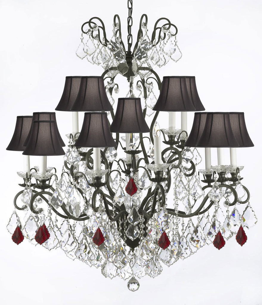 Wrought Iron Crystal Chandelier Lighting Dressed with Ruby Red Crystals W38" H44" - Great for the Dining Room, Foyer, Entry Way, Living Room w/Black Shades - A500-B98/556/16/BLACKSHADES