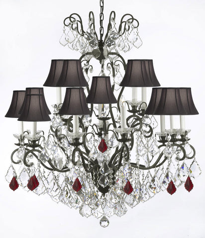 Swarovski Crystal Trimmed Chandelier Wrought Iron Crystal Chandelier Lighting Dressed with Ruby Red Crystals W38" H44" - Great for the Dining Room, Foyer, Entry Way, Living Room w/Black Shades - A500-B98/BLACKSHADES/556/16SW