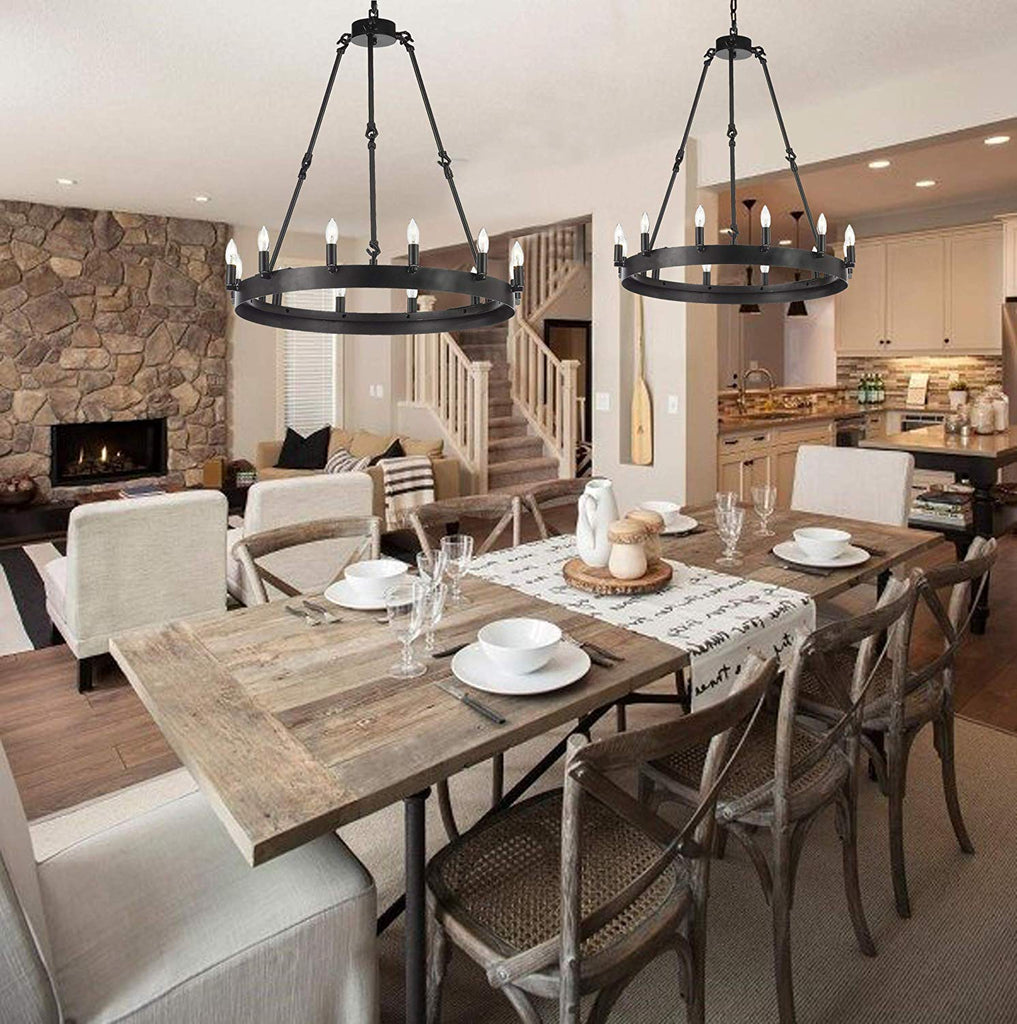Set of 2 - Castile One Tier Wrought Iron Chandelier - Industrial Loft Rustic Lighting W 26" H 27"