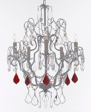 White Wrought Iron Crystal Chandelier Chandeliers Lighting H27" x W21" Dressed with Ruby Red Crystal Great for Kitchens, Bathrooms, Bedrooms, Closets, and Dining Rooms - J10-B98/WHITE/26025/5