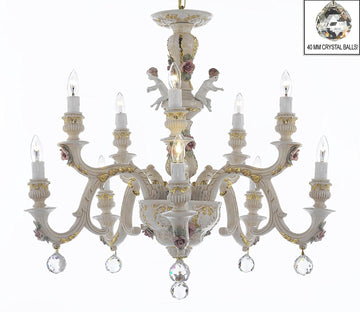 Authentic Capodimonte Porcelain Chandelier Lighting Chandeliers Cottage Chic Made in Italy, Good for Dining Room, Kids & Girls Bedrooms 24K Gold Trimmed w/ Roses & Flowers Dressed w/ Crystals Balls - GB102-B6/227/5+5