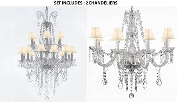 Set of 2 - 1 4FT Crystal Chandelier Lighting With White Shades 48hx28w And 1 Crystal Chandelier Lighting With White Shades 28ht X 28wd Murano - 1EA-B12/26/18 + 1EA-243/8-WHITESHADES
