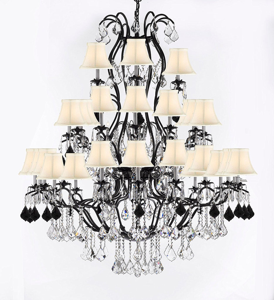 Large Wrought Iron Chandelier Chandeliers Lighting With Jet Black Crystals H60" x W52" - Great for the Entryway, Foyer, Family Room, Living Room w/White Shades - A500-B97/WHITESHADES/3031/36