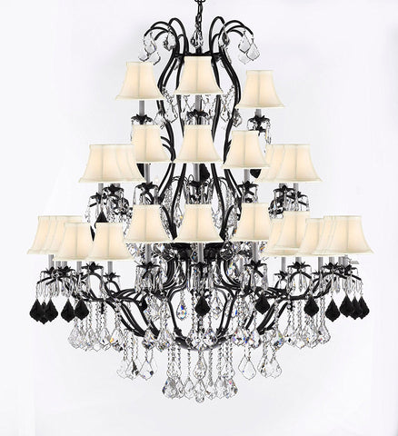 Large Wrought Iron Chandelier Chandeliers Lighting With Jet Black Crystals H60" x W52" - Great for the Entryway, Foyer, Family Room, Living Room w/White Shades - A500-B97/WHITESHADES/3031/36