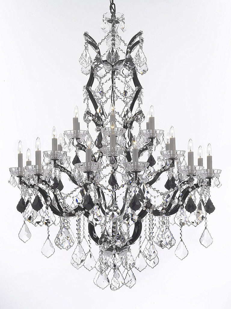 19th C. Baroque Iron & Crystal Chandelier Lighting Dressed with Jet Black Crystals H 52" x W 41" - Great for the Dining Room, Foyer, Entry Way, Living Room - A500-B97/996/25