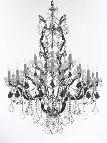 Swarovski Crystal Trimmed Chandelier 19th C. Baroque Iron & Crystal Chandelier Lighting Dressed with Jet Black Crystals H 52" x W 41" - Great for the Dining Room, Foyer, Entry Way, Living Room - A500-B97/996/25SW