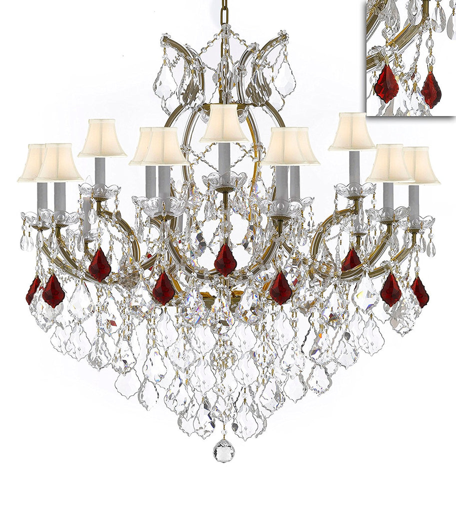 Maria Theresa Chandelier Crystal Lighting Chandeliers Lights Fixture Pendant Ceiling Lamp for Dining room, Entryway , Living room H38" X W37" - Dressed with Ruby Red Crystals & White Shades - A500-B98/WHITESHADES/21510/15+1