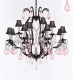 Wrought Iron Crystal Chandelier Lighting Chandeliers H30" x W28" Dressed with Swarovski Crystals & with Pink Crystals and Black Shades! Great for Bedroom, Kitchen, Dining Room, Living Room, and more! - A500-B110/BLACKSHADES/3034/8+4SW
