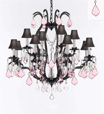 Wrought Iron Crystal Chandelier Lighting Chandeliers H30" x W28" Dressed with Swarovski Crystals & with Pink Crystals and Black Shades! Great for Bedroom, Kitchen, Dining Room, Living Room, and more! - A500-B110/BLACKSHADES/3034/8+4SW