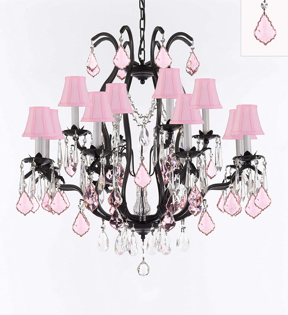 Wrought Iron Crystal Chandelier Lighting Chandeliers H30" x W28" Dressed with Pink Crystals and Pink Shades! Great for Bedroom, Kitchen, Dining Room, Living Room, and more! - A500-B110/3034/8+4-PINKSHADES