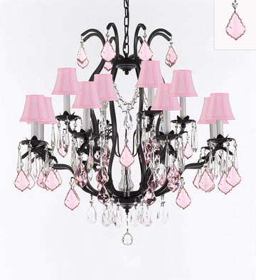 Wrought Iron Crystal Chandelier Lighting Chandeliers H30" x W28" Dressed with Swarovski Crystals and with Pink Crystals and Pink Shades! Great for Bedroom, Kitchen, Dining Room, Living Room, and more! - A500-B110/PINKSHADES/3034/8+4SW