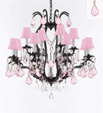 Wrought Iron Crystal Chandelier Lighting Chandeliers H30" x W28" Dressed with Pink Crystals and Pink Shades! Great for Bedroom, Kitchen, Dining Room, Living Room, and more! - A500-B110/3034/8+4-PINKSHADES