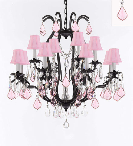 Wrought Iron Crystal Chandelier Lighting Chandeliers H30" x W28" Dressed with Pink Crystals and Pink Shades! Great for Bedroom, Kitchen, Dining Room, Living Room, and more! - A500-B110/3034/8+4-PINKSHADES