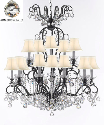 Wrought Iron Crystal Chandelier Lighting Dressed with Crystal Balls W38" H44" - Great for the Dining Room, Foyer, Entry Way, Living Room w/White Shades - A500-B6/WHITESHADES/556/16