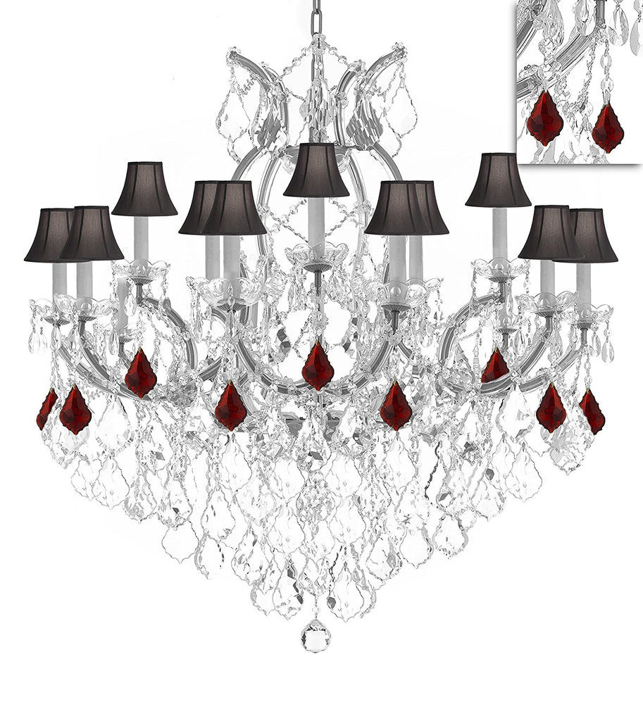Maria Theresa Chandelier Crystal Lighting Chandeliers Lights Fixture Pendant Ceiling Lamp for Dining room, Entryway , Living room H38" X W37" - Dressed w/Ruby Red Crystals and Black Shades - A500-B98/BLACKSHADES/SILVER/21510/15+1