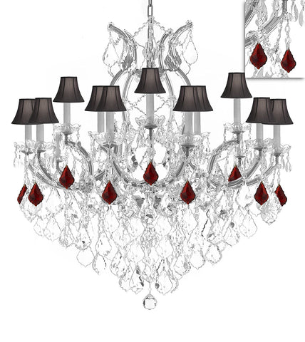 Maria Theresa Chandelier Crystal Lighting Chandeliers Lights Fixture Pendant Ceiling Lamp for Dining room, Entryway , Living room H38" X W37" - Dressed w/Ruby Red Crystals and Black Shades - A500-B98/BLACKSHADES/SILVER/21510/15+1