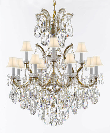 Swarovski Crystal Trimmed Maria Theresa Chandelier Lights Fixture Pendant Ceiling Lamp Dressed with Large, Luxe Crystals! HT35" x WD28" - Good for Dining Room, Family Room & More! w/White Shades - A500-B90/WHITESHADES/CG/52/21532/12+1SW
