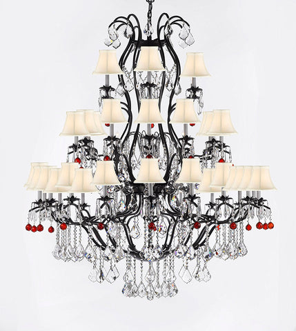Large Wrought Iron Chandelier Chandeliers Lighting With Ruby Red Crystal Balls H60" x W52" - Great for the Entryway, Foyer, Family Room, Living Room w/White Shades - A500-B96/WHITESHADES/3031/36