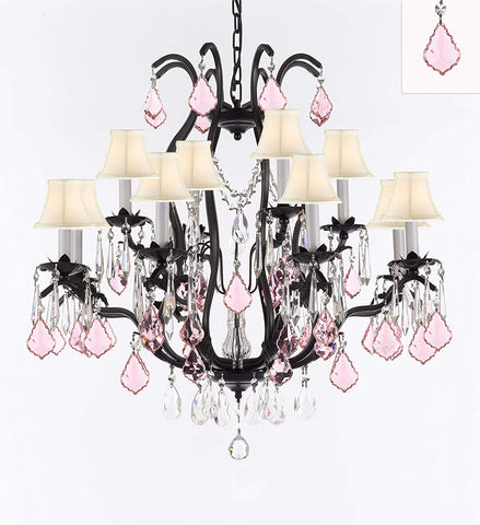Wrought Iron Crystal Chandelier Lighting Chandeliers H30" x W28" Dressed with Pink Crystals and White Shades! Great for Bedroom, Kitchen, Dining Room, Living Room, and more! - A500-B110/3034/8+4-WHITESHADES