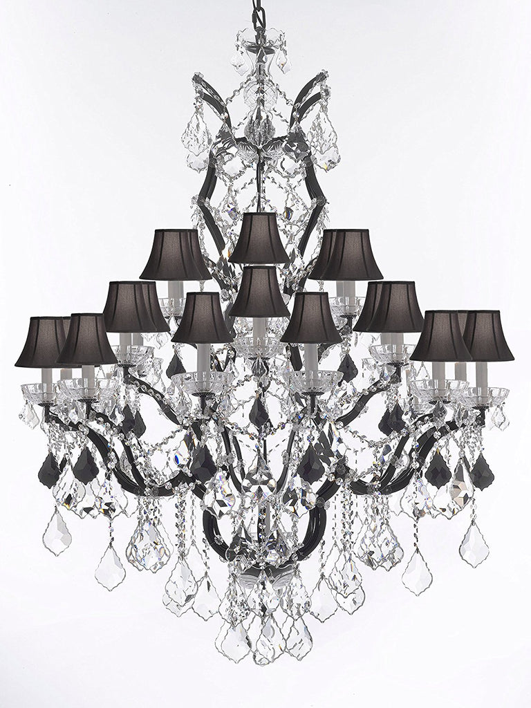 19th C. Baroque Iron & Crystal Chandelier Lighting Dressed with Jet Black Crystals H 52" x W 41" - Great for the Dining Room, Foyer, Entry Way, Living Room w/ Black Shades - A500-B97/BLACKSHADES/996/25