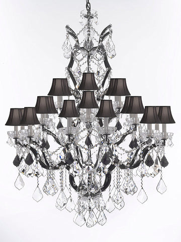 19th C. Baroque Iron & Crystal Chandelier Lighting Dressed with Jet Black Crystals H 52" x W 41" - Great for the Dining Room, Foyer, Entry Way, Living Room w/ Black Shades - A500-B97/BLACKSHADES/996/25