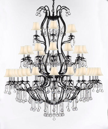 Swarovski Crystal Trimmed Chandelier Large Wrought Iron Chandelier Chandeliers Lighting With Crystal Balls H60" x W52" - Great for the Entryway, Foyer, Family Room, Living Room w/White Shades - A500-B6/WHITESHADES/3031/36SW
