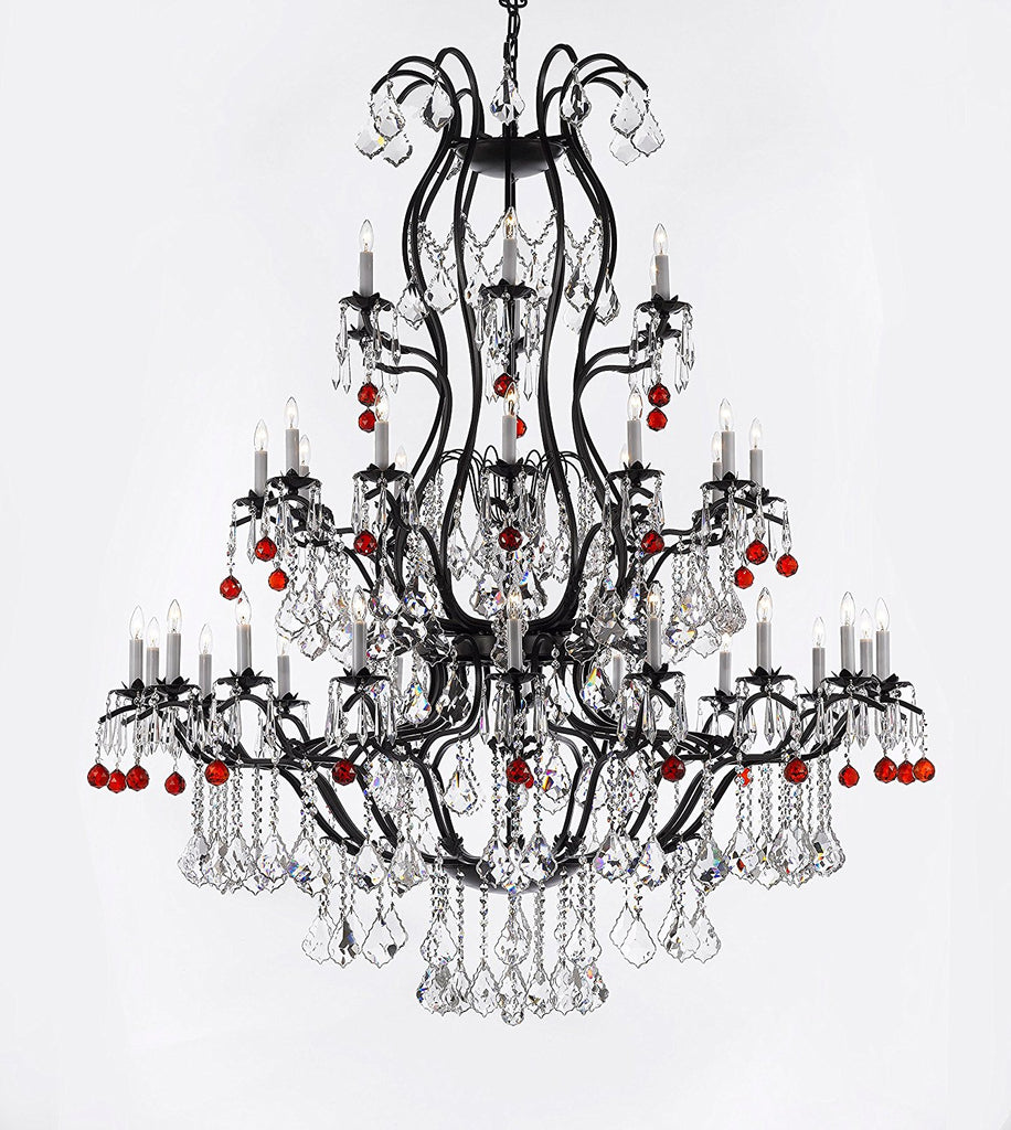 Large Wrought Iron Chandelier Chandeliers Lighting With Ruby Red Crystal Balls H60" x W52" - Great for the Entryway, Foyer, Family Room, Living Room - A500-B96/3031/36