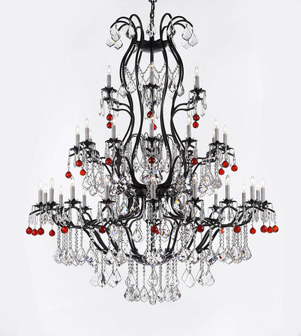 Large Wrought Iron Chandelier Chandeliers Lighting With Ruby Red Crystal Balls H60" x W52" - Great for the Entryway, Foyer, Family Room, Living Room - A500-B96/3031/36