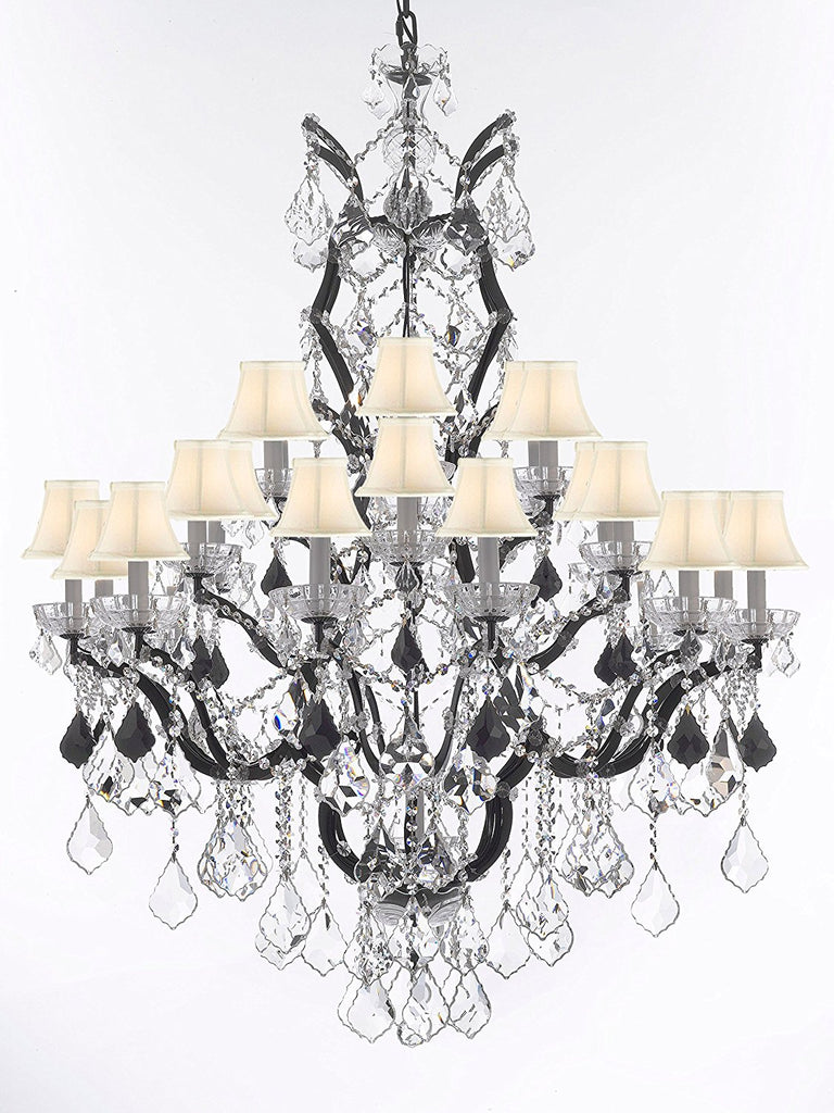 Swarovski Crystal Trimmed Chandelier 19th C. Baroque Iron & Crystal Chandelier Lighting Dressed w/Jet Black Crystals H 52" x W 41" - Great for the Dining Room, Entry Way, Living Room w/White Shades - A500-B97/WHITESHADES/996/25SW