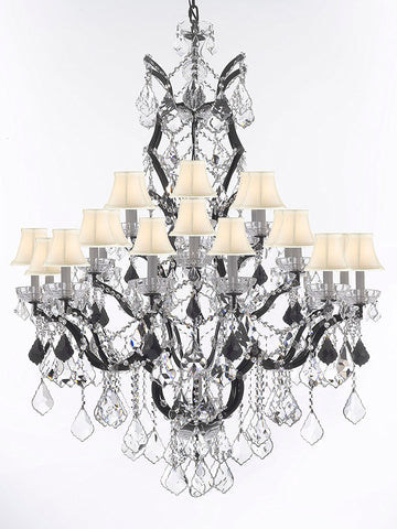 Swarovski Crystal Trimmed Chandelier 19th C. Baroque Iron & Crystal Chandelier Lighting Dressed w/Jet Black Crystals H 52" x W 41" - Great for the Dining Room, Entry Way, Living Room w/White Shades - A500-B97/WHITESHADES/996/25SW