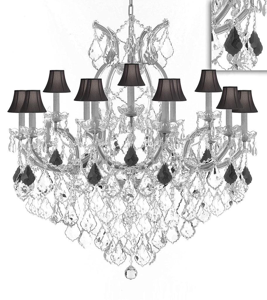 Maria Theresa Chandelier Crystal Lighting Chandeliers Lights Fixture Pendant Ceiling Lamp for Dining room, Entryway , Living room H38" XW37" - Dressed with Jet Black Crystals and Black Shades - A500-B97/BLACKSHADES/SILVER/21510/15+1