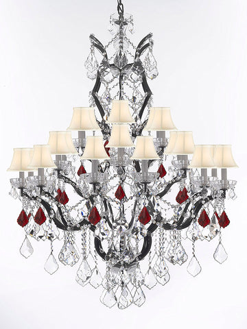 19th C. Baroque Iron & Crystal Chandelier Lighting Dressed with Ruby Red Crystals H 52" x W 41" - Great for the Dining Room, Foyer, Entry Way, Living Room w/White Shades - A500-B98/WHITESHADES/996/25
