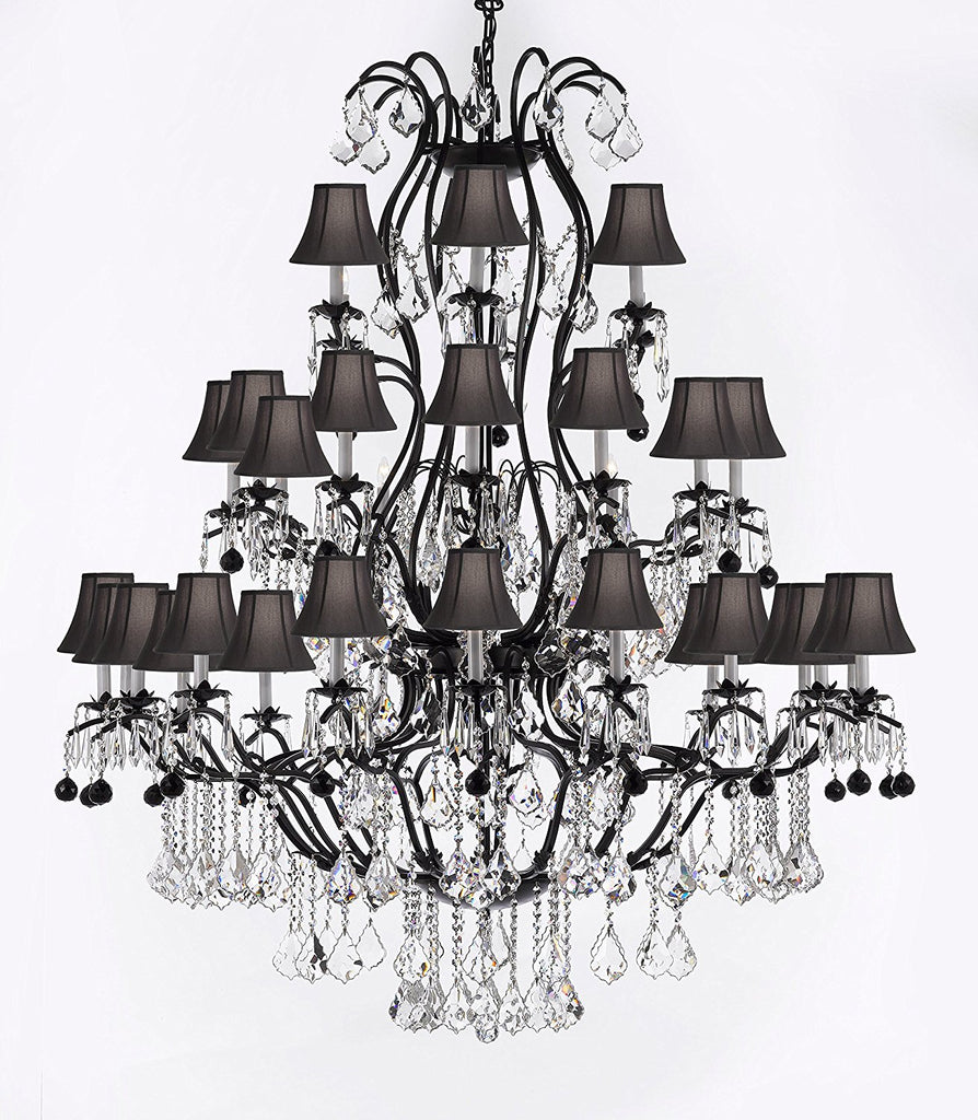 Large Wrought Iron Chandelier Chandeliers Lighting With Jet Black Crystal Balls H60" x W52" - Great for the Entryway, Foyer, Family Room, Living Room w/ Black Shades - A500-B95/BLACKSHADES/3031/36