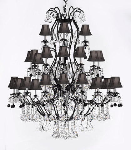 Large Wrought Iron Chandelier Chandeliers Lighting With Jet Black Crystal Balls H60" x W52" - Great for the Entryway, Foyer, Family Room, Living Room w/ Black Shades - A500-B95/BLACKSHADES/3031/36