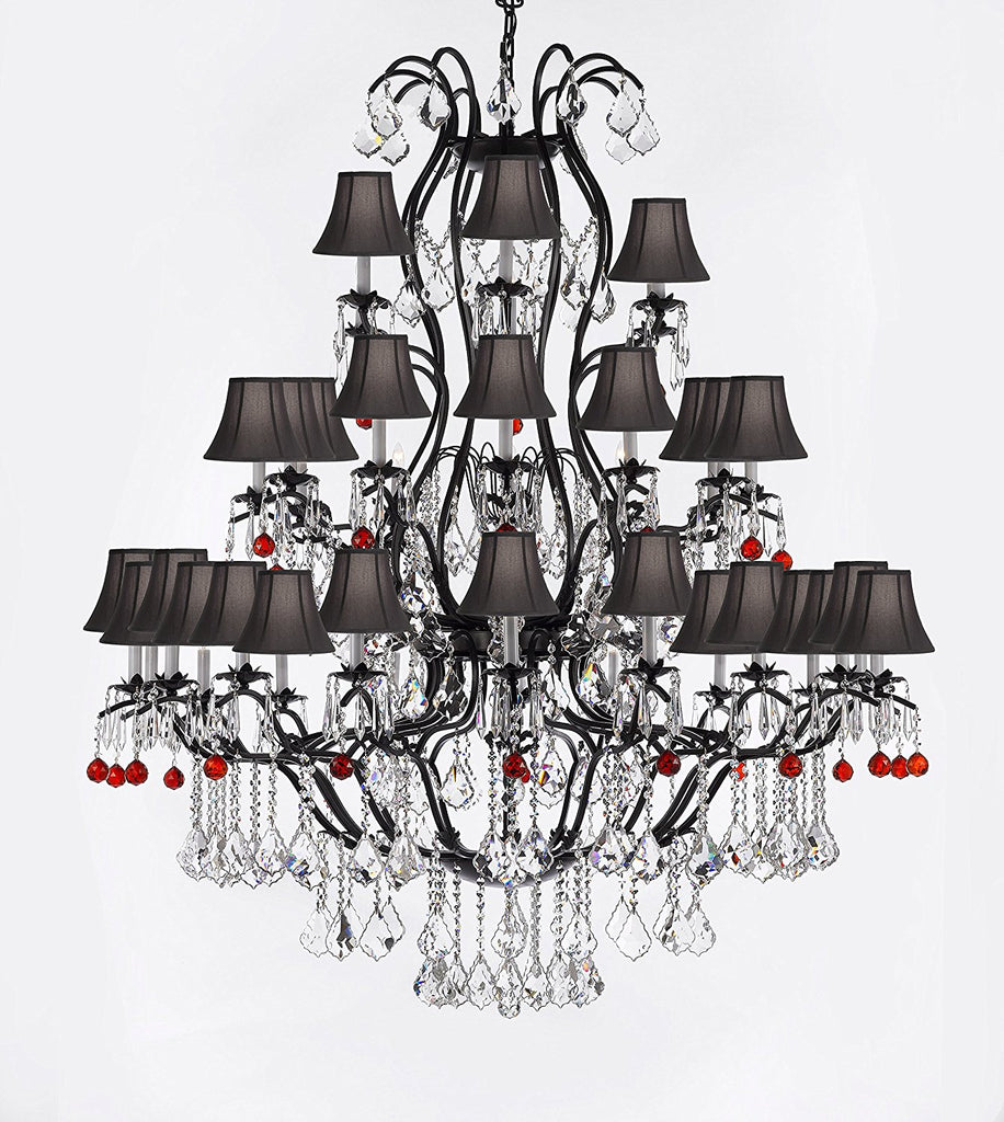 Large Wrought Iron Chandelier Chandeliers Lighting With Ruby Red Crystal Balls H60" x W52" - Great for the Entryway, Foyer, Family Room, Living Room w/ Black Shades - A500-B96/BLACKSHADES/3031/36