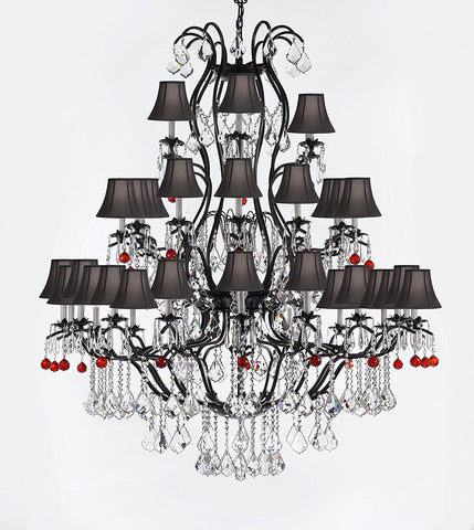 Large Wrought Iron Chandelier Chandeliers Lighting With Ruby Red Crystal Balls H60" x W52" - Great for the Entryway, Foyer, Family Room, Living Room w/ Black Shades - A500-B96/BLACKSHADES/3031/36