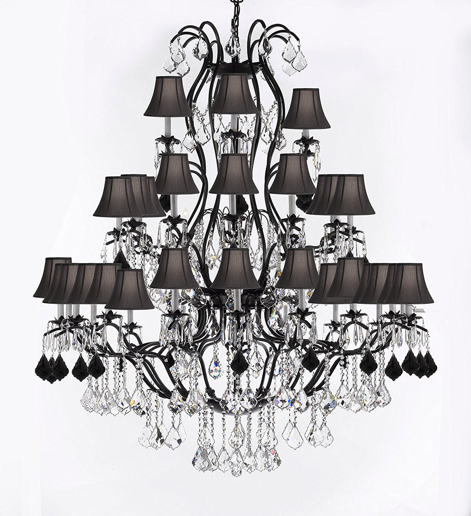 Large Wrought Iron Chandelier Chandeliers Lighting With Jet Black Crystals H60" x W52" - Great for the Entryway, Foyer, Family Room, Living Room w/Black Shades - A500-B97/BLACKSHADES/3031/36