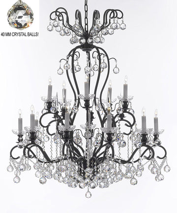 Wrought Iron Crystal Chandelier Lighting Dressed with Crystal Balls W38" H44" - Great for the Dining Room, Foyer, Entry Way, Living Room - A500-B6/556/16