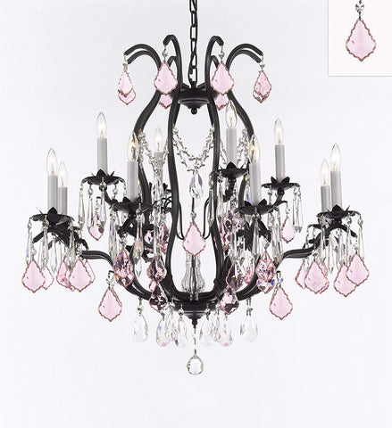 Wrought Iron Crystal Chandelier Lighting Chandeliers H30" x W28" Dressed with Pink Crystals! Great for Bedroom, Kitchen, Dining Room, Living Room, and more! - A500-B110/3034/8+4