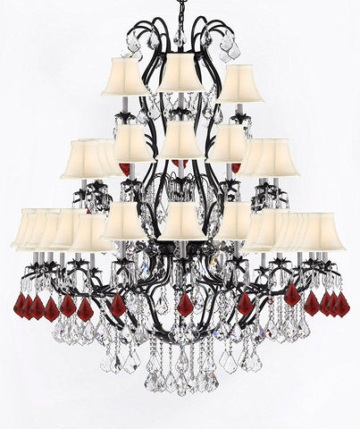 Large Wrought Iron Chandelier Chandeliers Lighting With Ruby Red Crystals H60" x W52" - Great for the Entryway, Foyer, Family Room, Living Room w/White Shades - A500-B98/WHITESHADES/3031/36