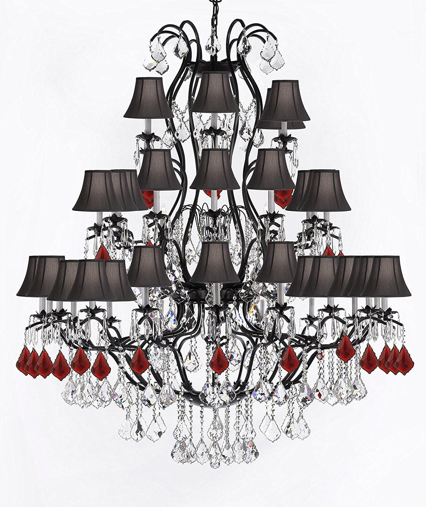 Large Wrought Iron Chandelier Chandeliers Lighting With Ruby Red Crystals H60" x W52" - Great for the Entryway, Foyer, Family Room, Living Room w/ Black Shades - A500-B98/BLACKSHADES/3031/36