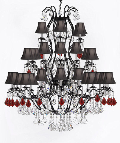 Large Wrought Iron Chandelier Chandeliers Lighting With Ruby Red Crystals H60" x W52" - Great for the Entryway, Foyer, Family Room, Living Room w/ Black Shades - A500-B98/BLACKSHADES/3031/36
