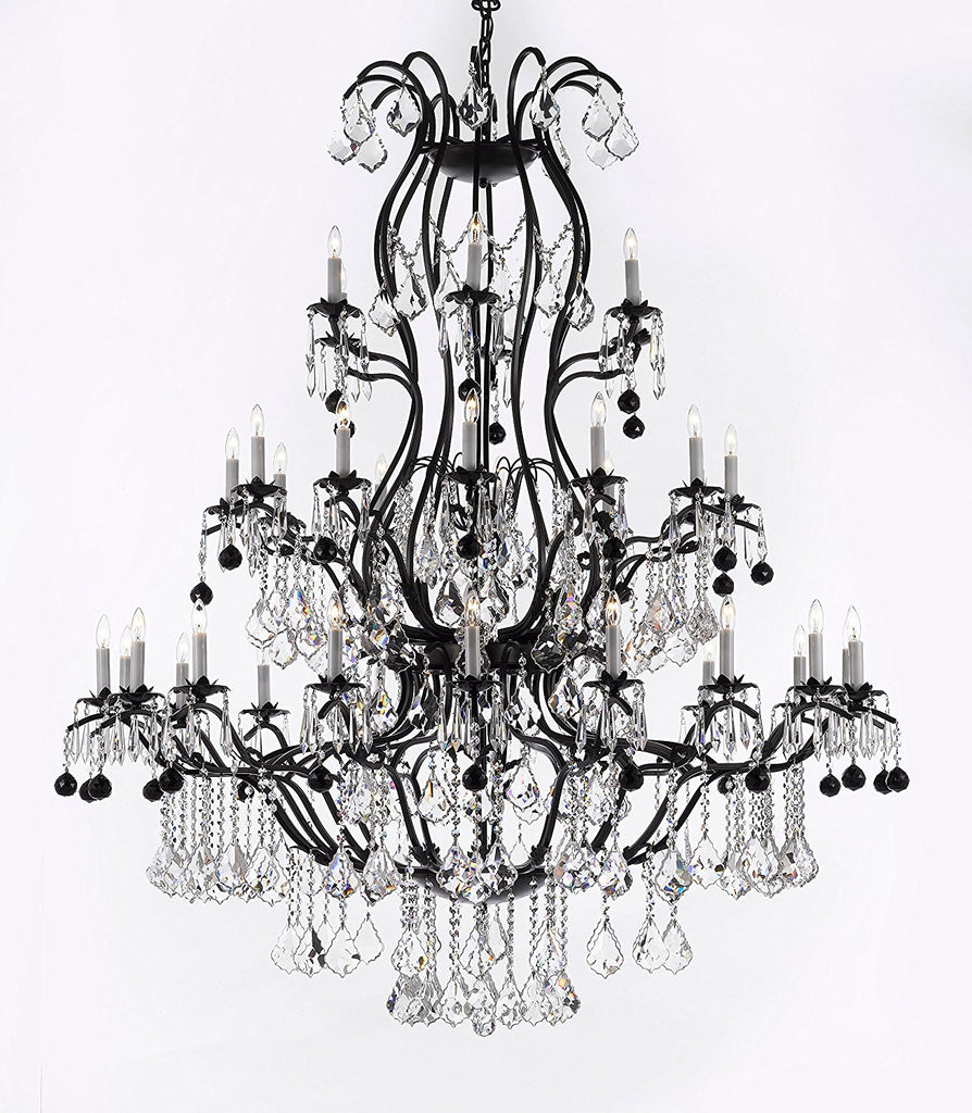 Large Wrought Iron Chandelier Chandeliers Lighting With Jet Black Crystal Balls H60" x W52" - Great for the Entryway, Foyer, Family Room, Living Room - A500-B95/3031/36